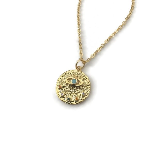 Small Evil Eye Multi Color Cubic Zirconia Turquoise Medallion Charm Necklace - Picture 4 of 5